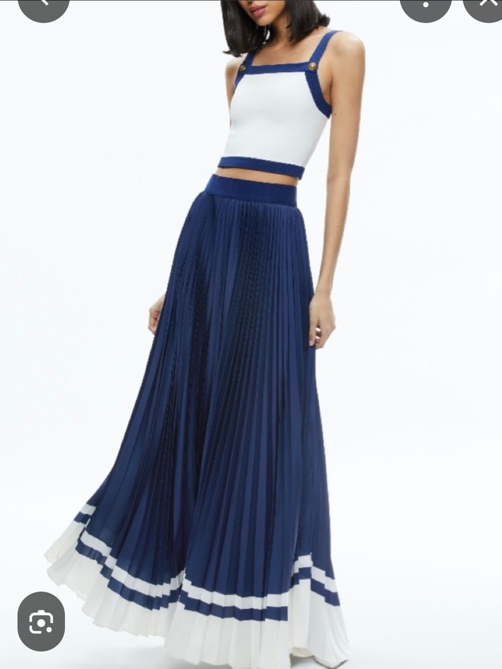 Pleated Navy Maxi Skirt with White Hem